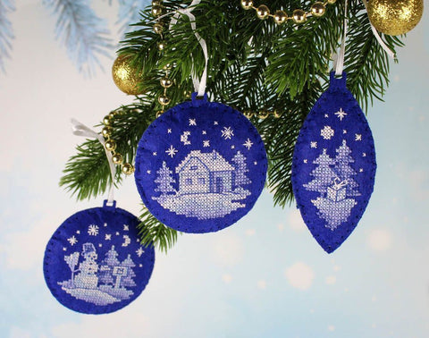 Christmas Cross Stitch Kit for 3 Tree Ornaments, MP Studia Holiday Craft Set for Beginners and Advanced Stitchers