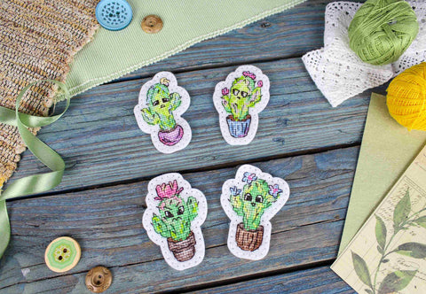 Cross Stitch Kit with Emotional Cactus Motifs for Pins and Magnets, 7 × 5 cm, MP Studia, Beginner-Friendly DIY Craft