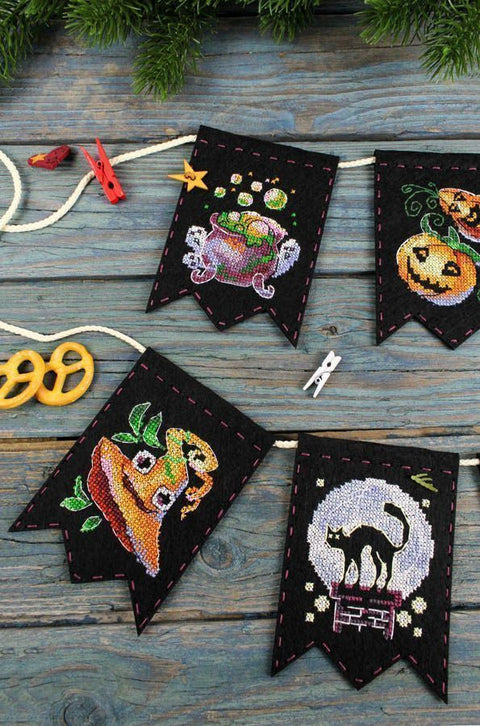 Cross Stitch Garland Kit, Witchcraft Stories Design, 7 Pennants, MP Studia Seasonal Home Decor DIY Craft Set