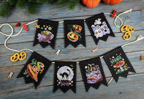Cross Stitch Garland Kit, Witchcraft Stories Design, 7 Pennants, MP Studia Seasonal Home Decor DIY Craft Set