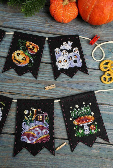 Cross Stitch Garland Kit, Witchcraft Stories Design, 7 Pennants, MP Studia Seasonal Home Decor DIY Craft Set