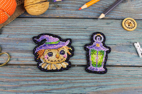 Halloween Cross Stitch Kit for Cupcake Toppers, Cards & Table Decor, MP Studia, Orange Black and Purple Designs