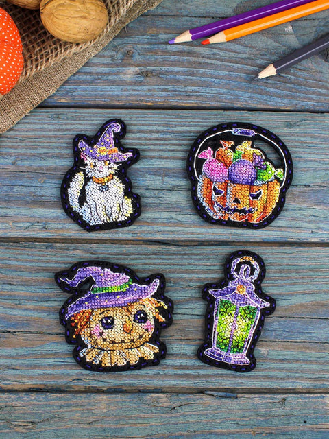 Halloween Cross Stitch Kit for Cupcake Toppers, Cards & Table Decor, MP Studia, Orange Black and Purple Designs