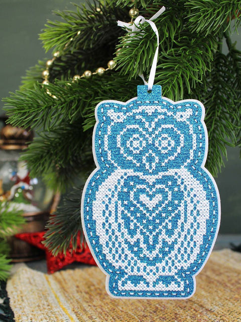Snowy Owl Cross Stitch Kit, Christmas Tree Ornament, MP Studia, 14×9 cm, Includes Threads, Needle, Chart and Instructions