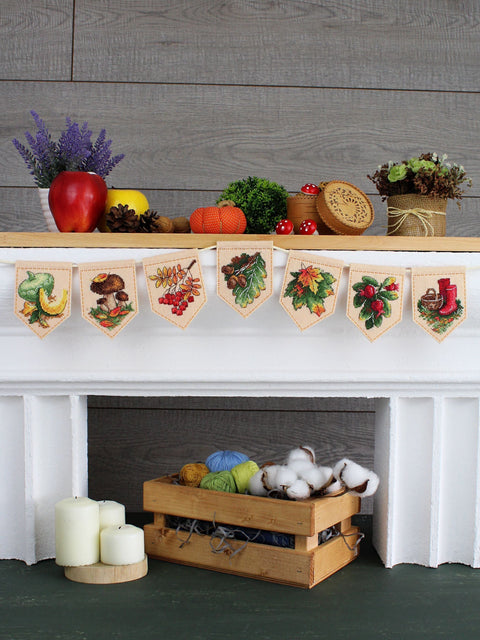 Cross Stitch Embroidery Kit for Autumn Garland, Beige, 7 Bunting Flags, 10 × 7 cm, MP Studia DIY Home Decor
