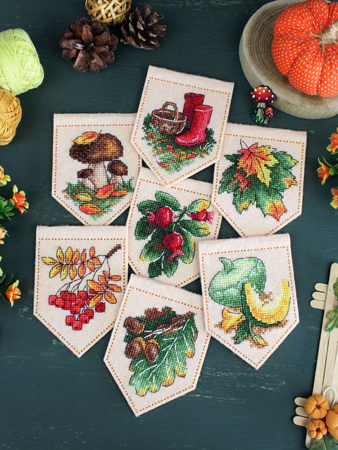 Cross Stitch Embroidery Kit for Autumn Garland, Beige, 7 Bunting Flags, 10 × 7 cm, MP Studia DIY Home Decor