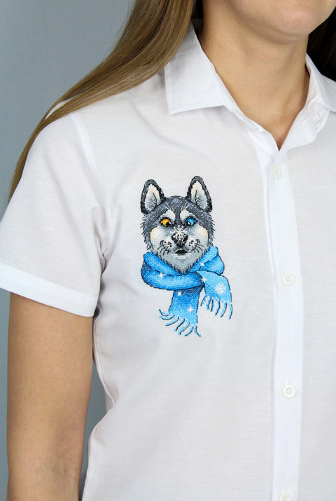 Cross Stitch Kit with Water-Soluble Canvas, Funny Husky Design, MP Studia, 15×8 cm, Multicolor DIY Textile Embroidery Set