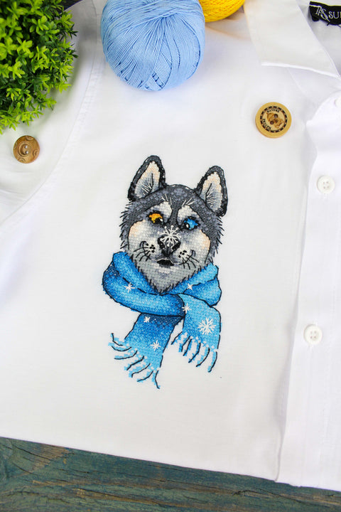 Cross Stitch Kit with Water-Soluble Canvas, Funny Husky Design, MP Studia, 15×8 cm, Multicolor DIY Textile Embroidery Set