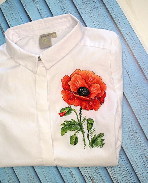 Water-Soluble Cross Stitch Kit, Red Poppy Motif, MP Studia, Embroidery on Clothing, Accessories and Home Textiles