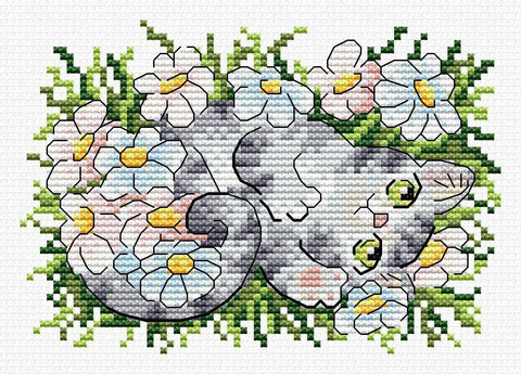 Cross Stitch Embroidery Kit with Water-Soluble Canvas, Cat and Daisies Design, MP Studia, for Clothing and Home Textiles