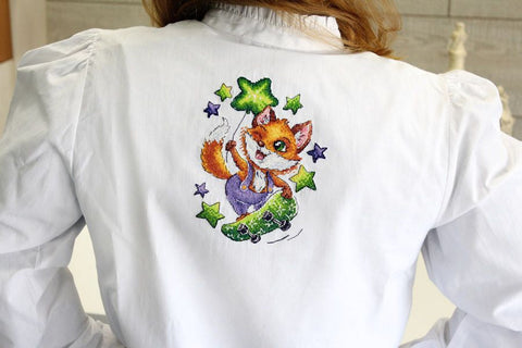 Cross Stitch Embroidery Kit with Water-Soluble Canvas, Fox on Skateboard, MP Studia, Multicolor DIY Textile Decor