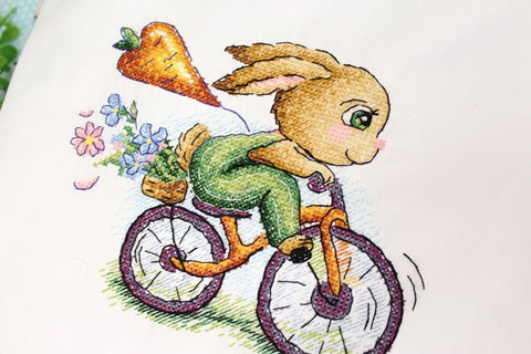 Cross Stitch Kit with Water-Soluble Canvas, Biking Bunny Design, Embroidery Pattern and Needle by MP Studia