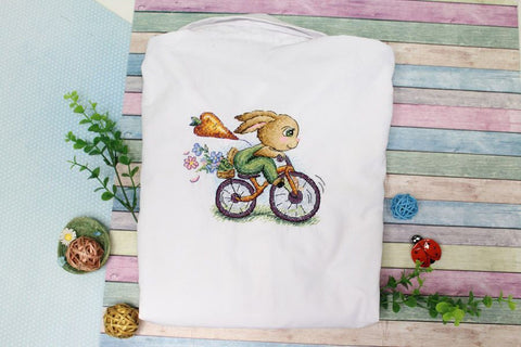 Cross Stitch Kit with Water-Soluble Canvas, Biking Bunny Design, Embroidery Pattern and Needle by MP Studia