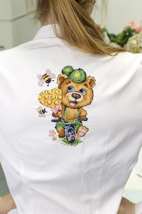 Cross Stitch Kit with Water-Soluble Canvas, Teddy Bear Motif, MP Studia, for Clothing, Accessories and Home Textiles