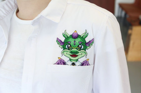 Dragon Scientist Cross Stitch Kit with Water-Soluble Canvas, 9x9 cm Embroidery for Clothing and Textiles, MP Studia