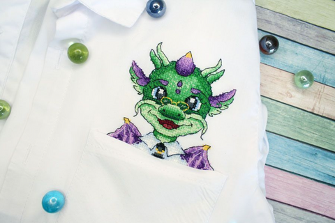 Dragon Scientist Cross Stitch Kit with Water-Soluble Canvas, 9x9 cm Embroidery for Clothing and Textiles, MP Studia