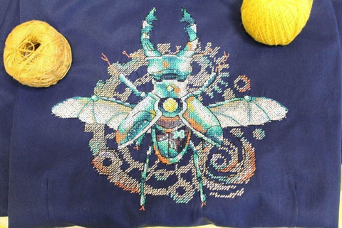 Cross Stitch Kit with Water-Soluble Canvas, Beetle Motif, MP Studia, Beginner Embroidery Kit for Clothing and Textiles