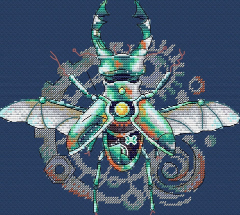 Cross Stitch Kit with Water-Soluble Canvas, Beetle Motif, MP Studia, Beginner Embroidery Kit for Clothing and Textiles