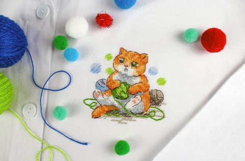 Water-Soluble Canvas Cross Stitch Kit with Cute Cat Design, MP Studia Embroidery Kit for Clothing and Home Textiles