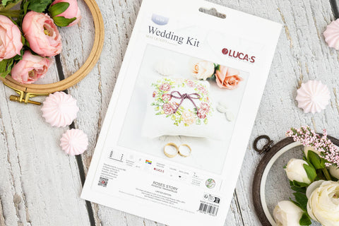Luca-S Roses Story Wedding Cross Stitch Embroidery Kit 11x11cm, 28ct Lugana Canvas