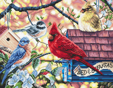 Springtime Songbirds Cross Stitch Kit, LetiStitch 33x26cm, Zweigart Aida 16ct, 100% Cotton Anchor Threads, Luca-S