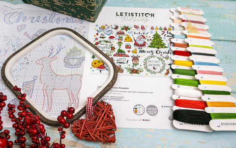 Christmas Cross Stitch Kit, Multicolor Sampler Design, Letistitch, Cotton Threads, 38×27 cm, Fabric, Needle, Chart and Instructions