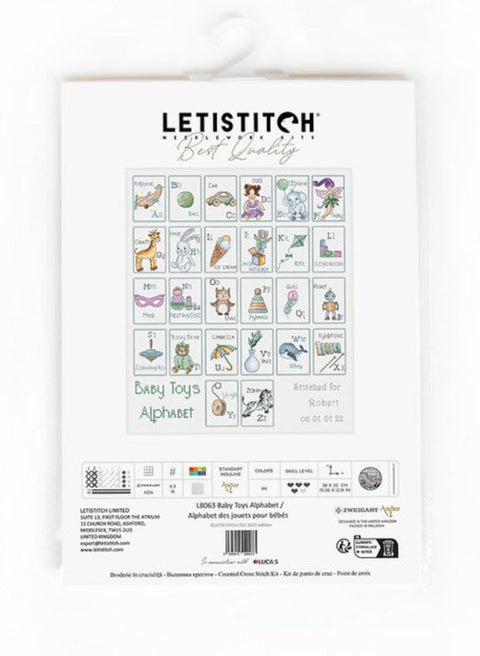Baby Toys Alphabet Cross Stitch Kit, 38 x 33 cm, LetiStitch, Zweigart Aida 16ct, Anchor Cotton Threads