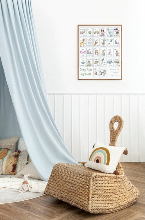 Baby Toys Alphabet Cross Stitch Kit, 38 x 33 cm, LetiStitch, Zweigart Aida 16ct, Anchor Cotton Threads