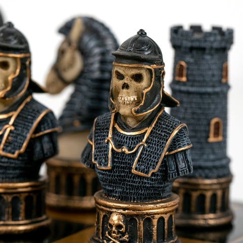 SKELETON Warriors: Unique Handpainted Chess Set with Leatherette Chessboard