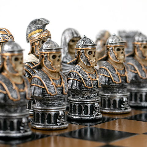 SKELETON Warriors: Unique Handpainted Chess Set with Leatherette Chessboard