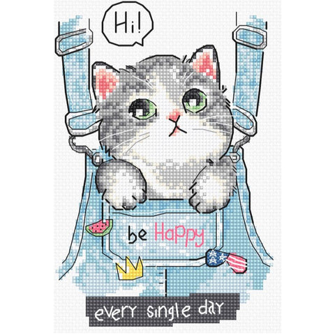 LetiStitch Be Happy Cross Stitch Kit, 15 x 10 cm, Zweigart Aida 16ct, 100% Anchor Cotton Thread, Black Symbol Chart