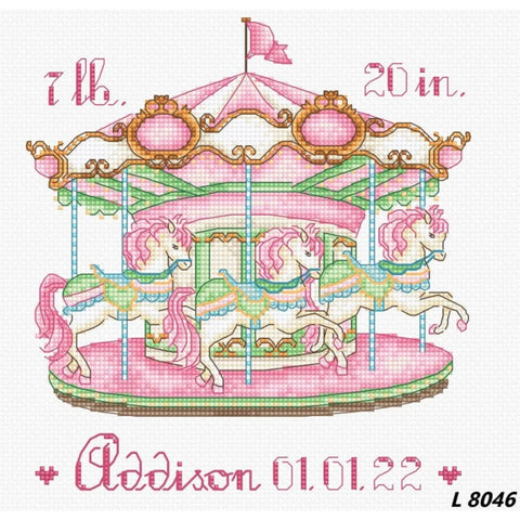 Baby Carousel Cross Stitch Kit, LetiStitch, 16ct Zweigart Aida, Cotton Thread, 6.1 x 6.5 Inch, Customizable Alphabet Chart