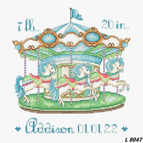 Baby Carousel Cross Stitch Kit, LetiStitch Embroidery Pattern, 16 Count Cream Aida, 6.1 x 6.5 Inch, Customizable Alphabet Chart