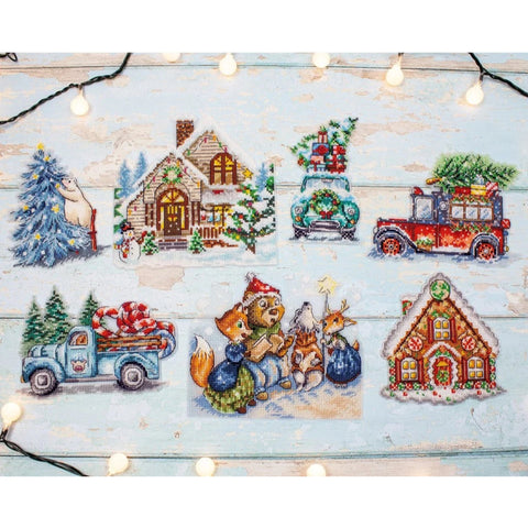 Christmas Ornaments Cross Stitch Kit, 7 Designs, 15 x 15 cm Each, LetiStitch, 56 Colors, Red and Gold Beads