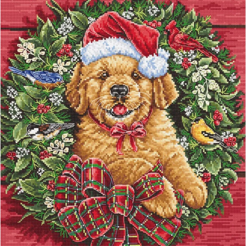 Christmas Puppy Cross Stitch Kit 26x26 cm, LetiStitch, Zweigart Aida 16ct, Anchor Cotton Threads, Metallic Accents