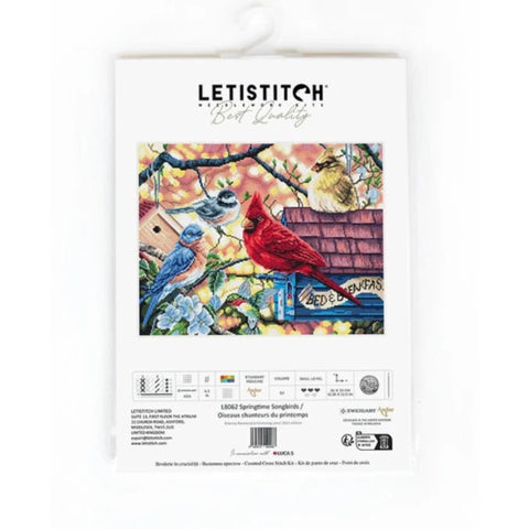 Springtime Songbirds Cross Stitch Kit, LetiStitch 33x26cm, Zweigart Aida 16ct, 100% Cotton Anchor Threads, Luca-S