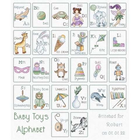Baby Toys Alphabet Cross Stitch Kit, 38 x 33 cm, LetiStitch, Zweigart Aida 16ct, Anchor Cotton Threads