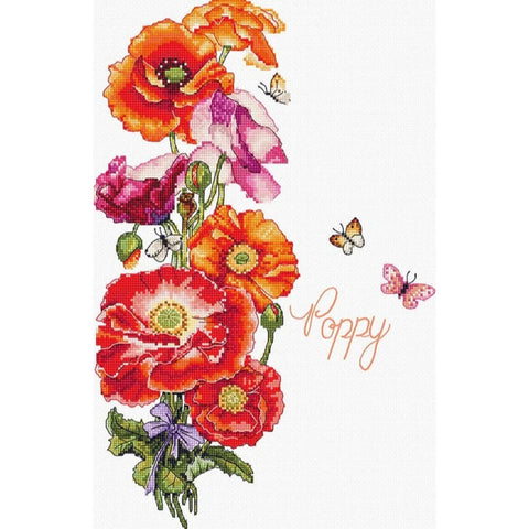 Poppy Cross Stitch Kit 35x22 cm, LetiStitch, Zweigart Aida 16ct, 100% Cotton Anchor Threads, Floral Design