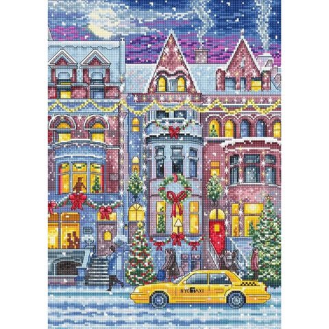 LetiStitch Winter Townhouse Cross Stitch Kit, 21 x 30 cm, Zweigart Aida 16ct, Anchor Cotton Threads, Metallic Threads