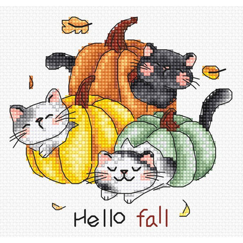 Hello Fall Cross Stitch Kit, Beginner Embroidery Set, 12x12 cm, LetiStitch, Zweigart Aida 14ct, Anchor Cotton Floss