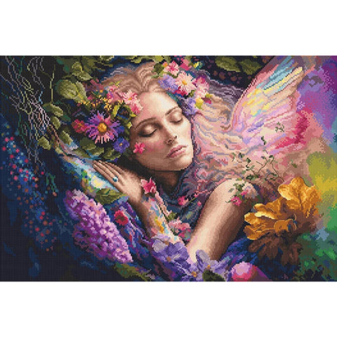 LetiStitch Counted Cross Stitch Kit Bed of Flowers, 42 x 28 cm, Zweigart Aida, Anchor Cotton Threads, Fantasy Design