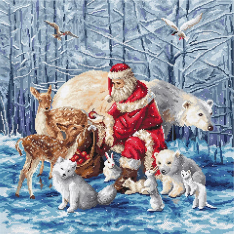 Santa and Friends Counted Cross Stitch Kit, 38 x 38 cm, LetiStitch, Zweigart Aida 16ct, Anchor Cotton Threads, Christmas Design
