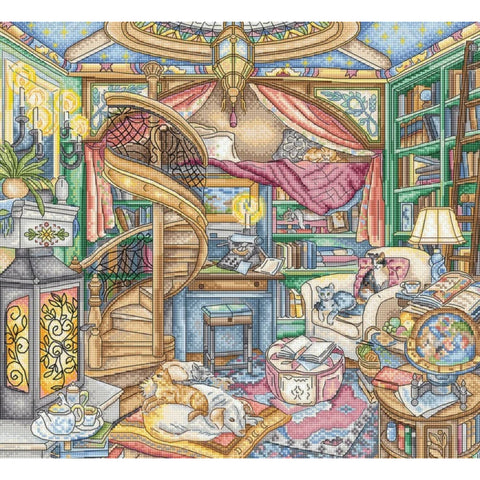 LetiStitch Home Library Cross Stitch Kit, 35 x 32 cm, Zweigart Aida 16ct, Anchor Cotton Threads, Intermediate 3-Star Skill Level