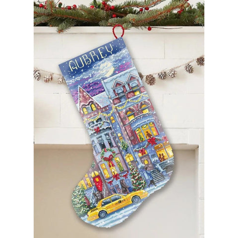 Counted Cross Stitch Stocking Kit, Winter Townhouse Design, LetiStitch, 24.5 x 37 cm, Aida 14ct, Red Felt Backing, Metallic Threads