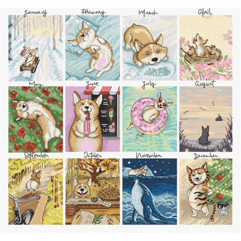 Doggy Calendar Cross Stitch Kit, LetiStitch, 43x41cm, Zweigart Aida 16ct, 100% Cotton Anchor Threads