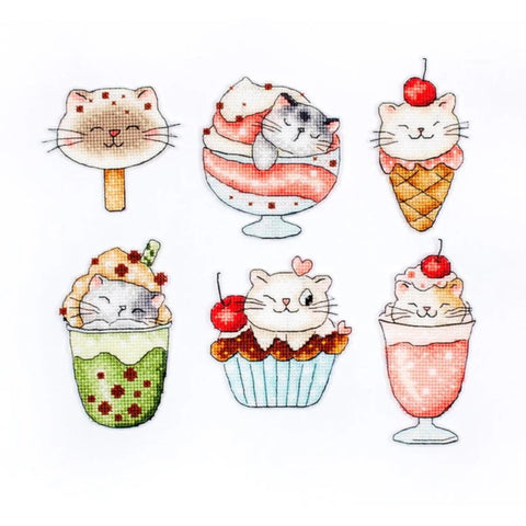 Summer Kitties Cross Stitch Kit, 6 Designs, 10 x 7 cm Each, LetiStitch, 32 Colors, Anchor Cotton Threads, 14 Count Plastic Canvas