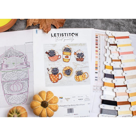 Cross Stitch Kit of 6 Pumpkin Cup Kitties, LetiStitch, 9x7 cm Each, 14 Count Plastic Canvas, Anchor Cotton Threads