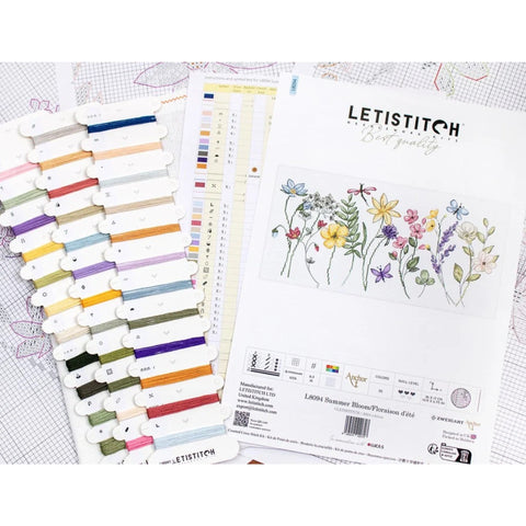 Summer Bloom Cross Stitch Kit, LetiStitch 36x17cm, Zweigart Aida 16ct, Anchor Cotton Threads, Floral Design
