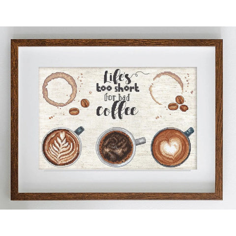 Cross Stitch Kit “Life’s Too Short for a Bad Coffee” Quote, LetiStitch, 29 x 19 cm, Rustic Aida, Anchor Cotton Threads