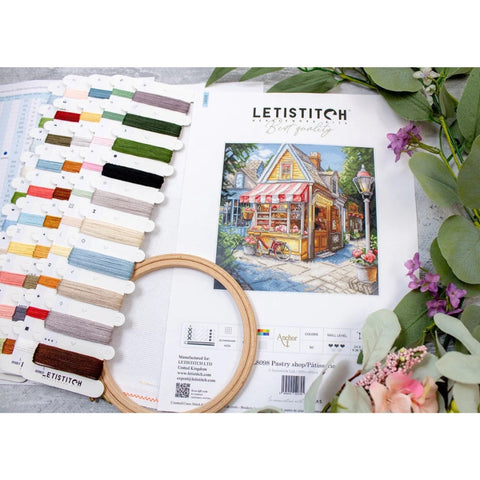 LetiStitch Pastry Shop Cross Stitch Kit, 24 x 24 cm, Zweigart Aida 16ct, 100% Cotton Anchor Threads, Intermediate Level
